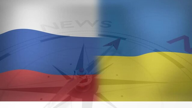 Animation of compass over flags of russia and ukraine
