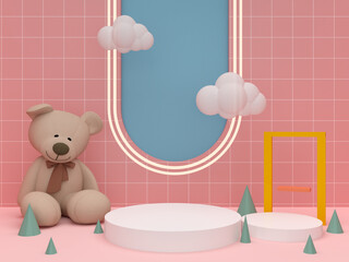 White podium with teddy bear on pink background. Pedestal for kid product presentation. Geometric 3D render