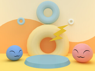 Blue podium with smily faces and donut rings on yellow background. Pedestal for kid product presentation. Geometric 3D render