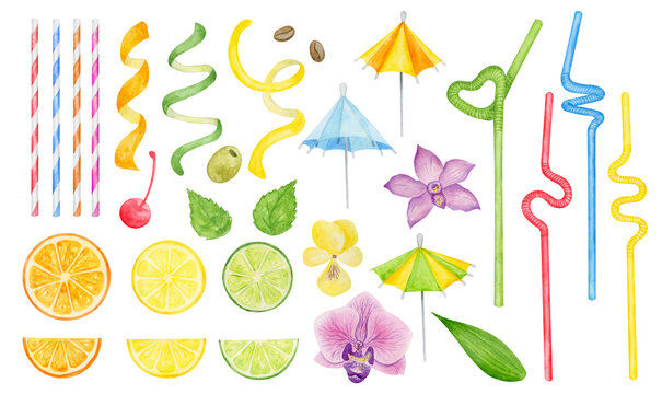 Cocktail decoration elements watercolor illustration.  Clipart set on white background.