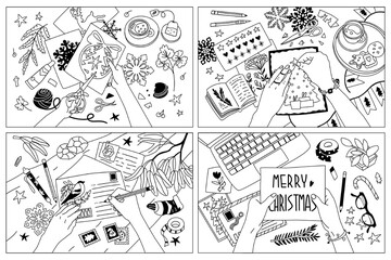 Creative process. Handmade, creating Christmas decorations, congratulations and cards. Happy holiday. Flat style in vector illustration.