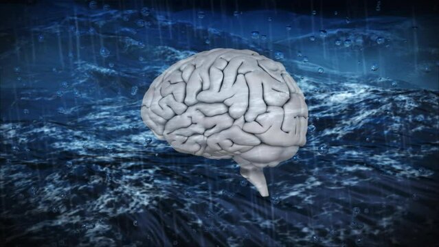 Human brain icon spinning against rain over sea waves in background