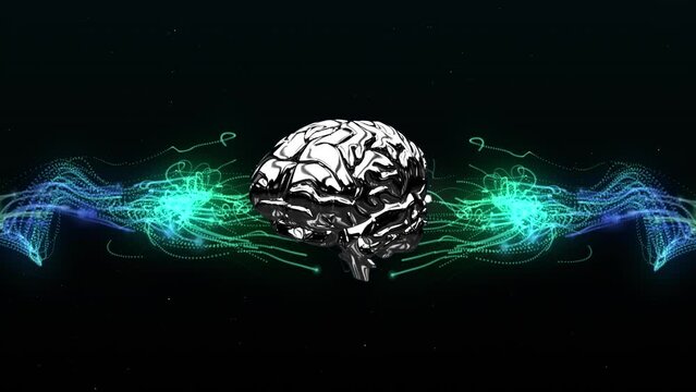 Human brain icon spinning over green and blue digital waves against black background