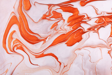 Abstract fluid art background bright orange and white colors. Liquid marble. Acrylic painting with red gradient