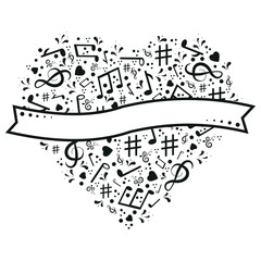 Musical heart with notes, vector isolated illustration