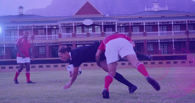 Animation of glowing lights over diverse rugby players in sports stadium