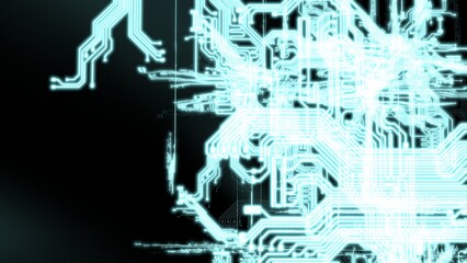 Circuit technology soft blue　illuminated line under black background with hi-tech digital data connection system and computer electronic design. 3D illustration. 3D CG. High quality rendering.