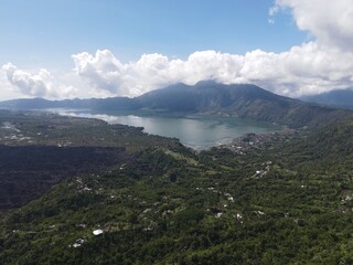 Aerial view of Batur lake Kintamani Bali with cloud in the background