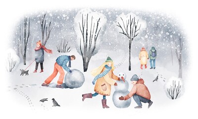 Watercolor hand drawn winter scene. Illustration of snowy walk in the winter forest landscape with trees, walking people, snowman, snowfall, snowdrifts, birds. New year composition