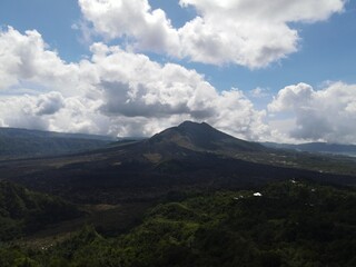 Aerial view of lava field from Mount Batur in Bali
