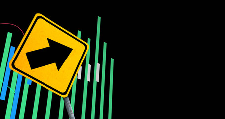 Image of financial data processing and road sign over black background