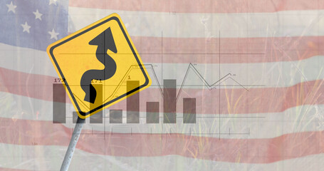 Image of financial data processing over road sign and flag of usa