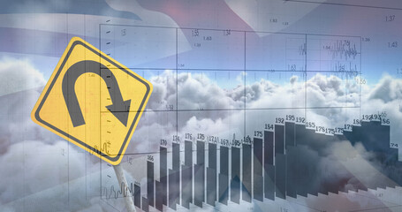 Image of financial data processing over road sign, flag of uk and clouds