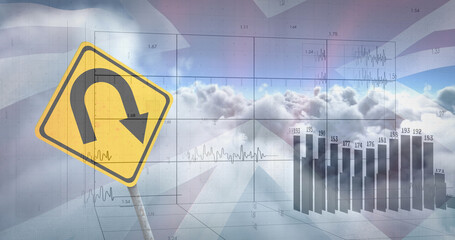 Image of financial data processing over road sign, flag of uk and clouds