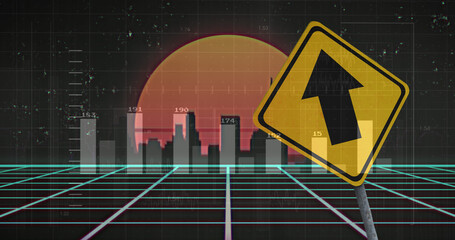 Fototapeta premium Image of financial data processing and road sign over cityscape