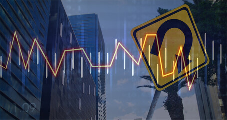 Image of financial data processing over road sign and cityscape