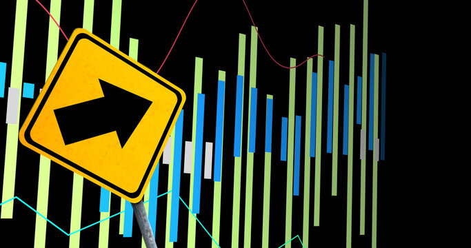 Image of financial data processing and road sign over black background