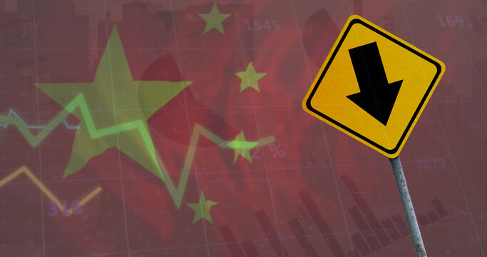 Image of financial data processing over road sign and flag of china