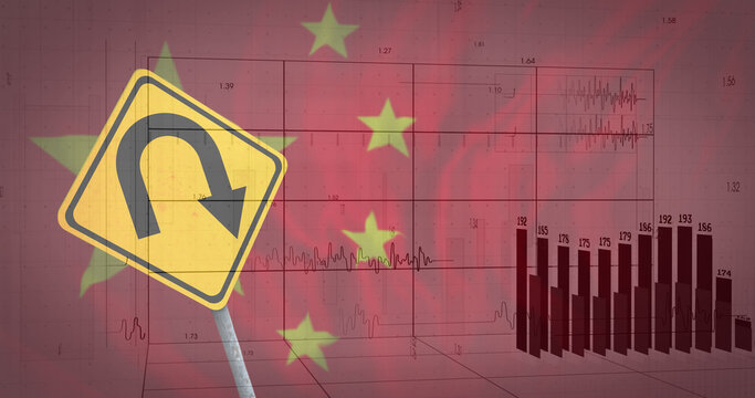 Image of financial data processing over road sign and flag of china