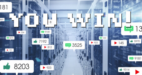 Image of you win text and numbers growing over server room