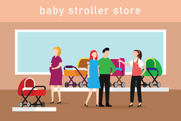 Baby carriage store with parents choosing stroller 2d vector illustration concept for banner, website, illustration, landing page, flyer, etc.
