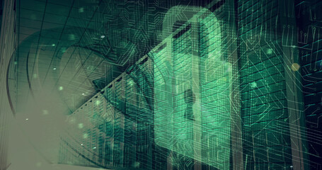 Image of online security padlock and data processing over circuit board and computer servers
