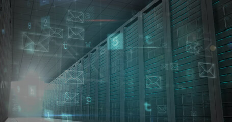 Image of cyber attack warning and envelope icons over server room