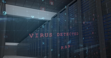 Image of cyber attack warning with letters and numbers over server room
