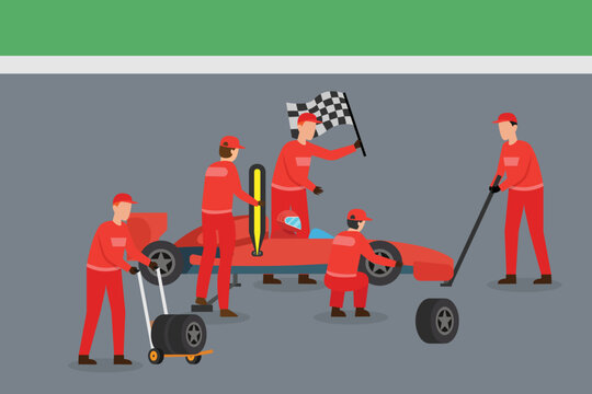 Pit stop team changing tires of a racing car 2d vector illustration concept for banner, website, illustration, landing page, flyer, etc.