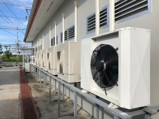 White air conditioner condenser unit outside the building.