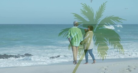 Animation of palm tree over caucasian senior couple on the beach