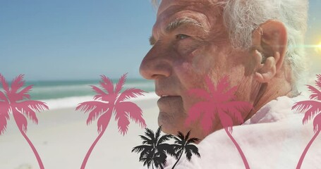 Animation of palm trees over caucasian senior men on the beach