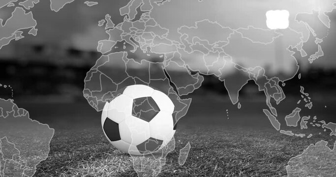 Animation of moving world map over football ball