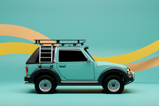 Blue  modern SUV prepared for safari on monochrome  background - side view - 3D illustration