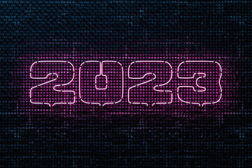 3d illustration of  inscription  2023 from   pink neon tubes ,  lines. Illustration of the symbol of the new year. Geometry  background