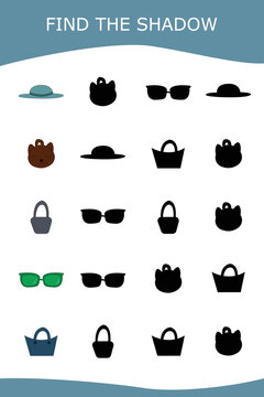 Find correct shadow with bags, sunglasses.  Kids educational game. 