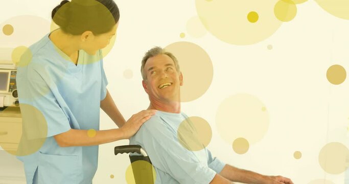 Animation of asian female nurse smiling with patient over spots