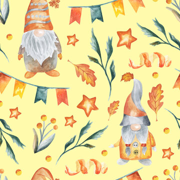 Nordic gnomes with autumn leaves seamless pattern. Watercolor red and yellow leaf fall repeated background
