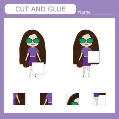 Worksheet vector design, the task is to cut and glue a piece on girls.  Logic game for children.
