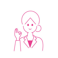 白衣を着て右手でokサインする女性の上半身
