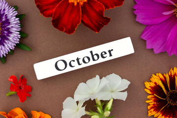 Calendar autumn month October and bright flowers on brown background. Top view Flat lay. Minimal concept Hello fall. Template for your design, greeting card