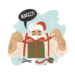 Santa ties a ribbon bow on a box with a Christmas present. Phrase Perfect. Happy New Year, Merry Christmas. Daily routine of Santa Claus before Christmas. Flat style in vector illustration.