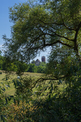 View to the german village called Trendelburg throug tree branches