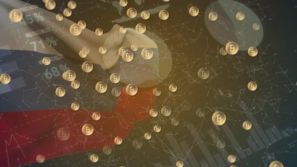 Animation of bitcoin symbols over data processing and flag of russia - Powered by Adobe
