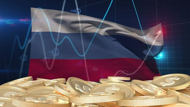 Animation of dollar coins over data processing and flag of russia