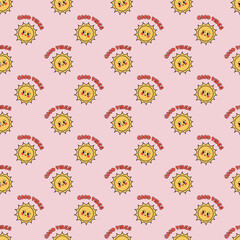 DOODLE SUN WITH GOOD VIBES TEXT SEAMLESS PATTERN VECTOR