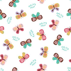 BUTTERFLY SEAMLESS PATTERN WITH FEELING FREE TEXT VECTOR