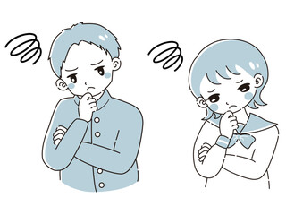 悩んでいる学ランの男の子とセーラー服の女の子　イラストセット