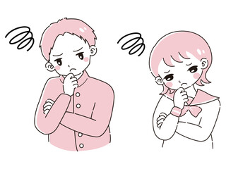 悩んでいる学ランの男の子とセーラー服の女の子　イラストセット