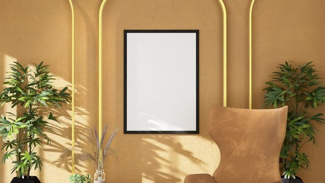Title: Modern interior design of furniture and fixture for living room with neutral tones furniture. moving slide slowly away from the wall. 3d animation rendering
